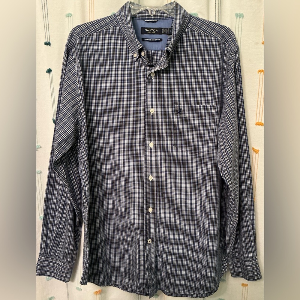 Nautica Men's Navy and White Micro-Plaid Button-Down Shirt